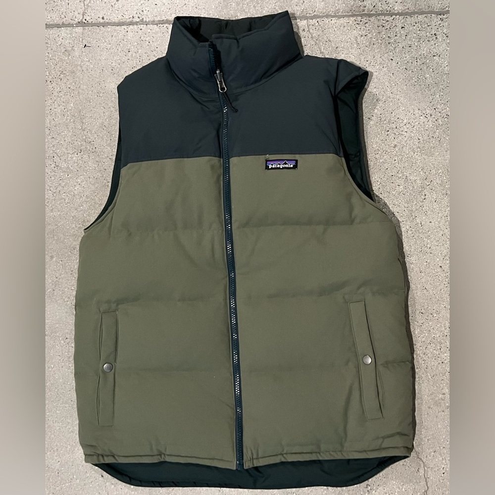 Patagonia Puffer Vest Mens Medium Bivy Jacket Size M Green Reversible Down Black